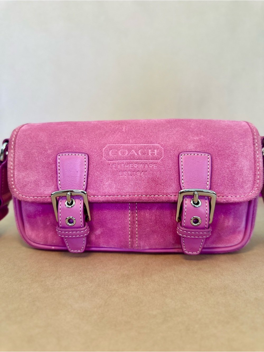 VINTAGE Y2K Coach Hot Pink Suede Double Buckle Bleecker Bag #1405